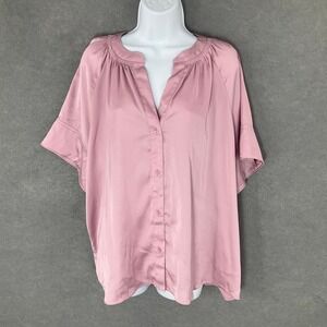 Worthington Blouse Satin‎ Top Button Front Short Sleeve Relaxed Fit Mauve XXL